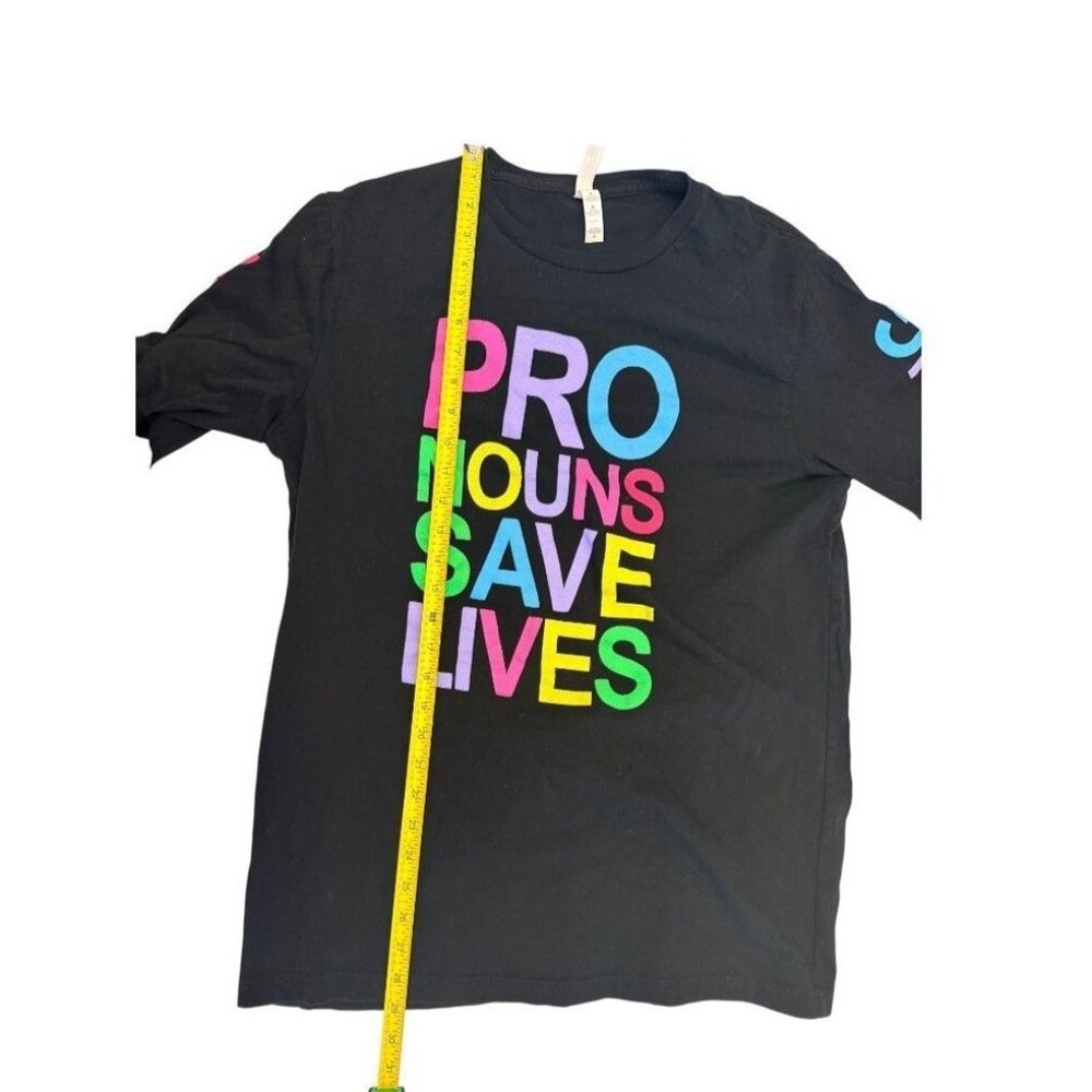 Pronouns Save Lives Rainbow Long Sleeve Graphic Tee Black Bella Canvas Unisex - Picture 8 of 9